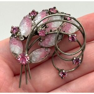 Vintage Givre Pink Molded Glass Leaf Rhinestone Silver Tone Brooch